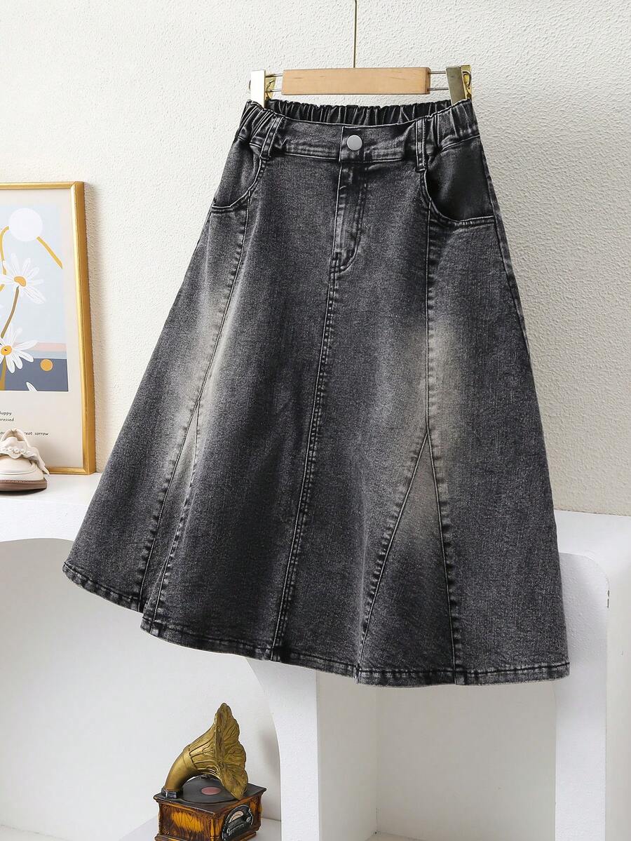 SHEIN 少女休闲牛仔裙,春秋/秋冬款,中蓝色牛仔布,A字喇叭裙摆,修身设计,面料柔软舒适,日常时尚单品 - 深灰色 - 查看 1