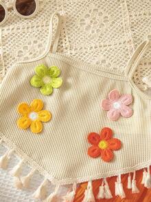 Emery Rose Kids Emery Rose Kids 2件套女童针织纯色3D立体花朵流苏边吊带背心和宽松裤子套装 - 橘色 - 查看 9
