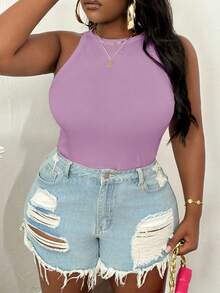 Slaydiva Camiseta de tirantes básica blanca de cuello redondo y hombros descubiertos para tallas grandes - Púrpura malva - Ver 5