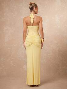 Lumalex Women's Elegant Solid Color Lace Patchwork Backless Dress, Summer Party Night Pale Yellow.Suitable For Wedding Guests - Pale Yellow - View 5