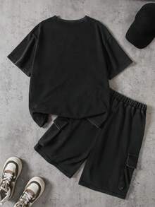 2pcs/Set Kids Summer Casual Tie-Dye Printed Short Sleeve Outfit,Loose Fit Round Neck Tee And Shorts,Streetwear Style Unisex Children Fashion Must-Have - Black - View 2