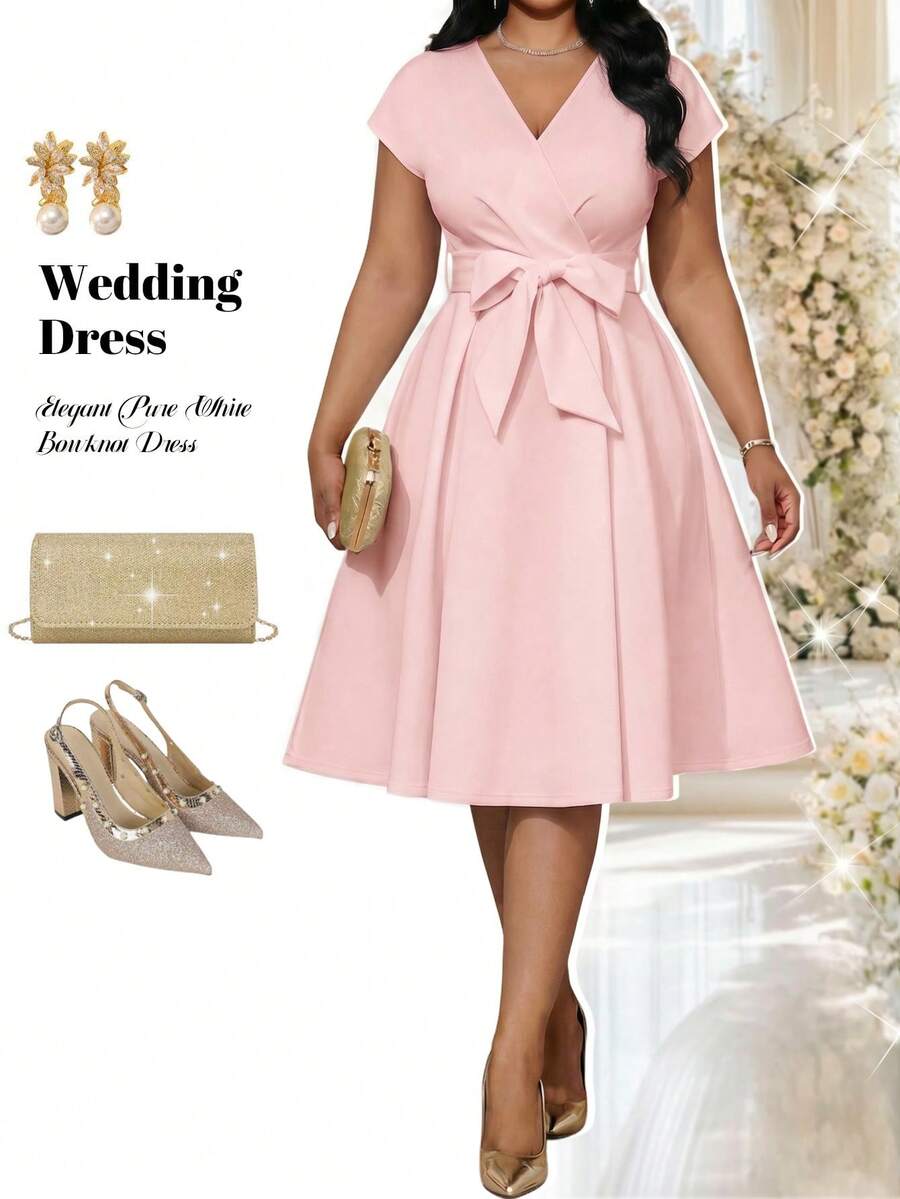 Fleurora New Plus Size Belt Summer Autumn Winter Bow Waist Design Niche Chic Ladies Dress White Dress Plus Size Dress Vacation Outfits - Pink - View 1
