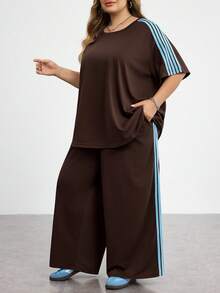 SHEIN CURVE+ Plus Size Women Light Blue Round Neck Short Sleeve T-Shirt And Pants Casual 2 Pieces Set Vacation Summer - Brown - View 6