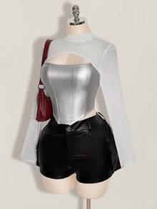 SHEIN ICON 女士加大码皮革撞色网眼黑色修身T恤，秋冬款 - 銀色 - 查看 4