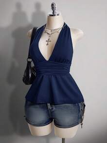 SHEIN ICON Áo camisole chấm bi dáng chữ A hở lưng cổ chữ V, cỡ lớn, kiểu retro Y2K, áo camisole chấm bi cổ yếm hở lưng. - Màu xanh hải quân - Xem 6