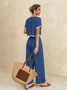 SHEIN Frenchy 女士时尚休闲露脐上衣和长裤两件套 - 藍色 - 查看 2
