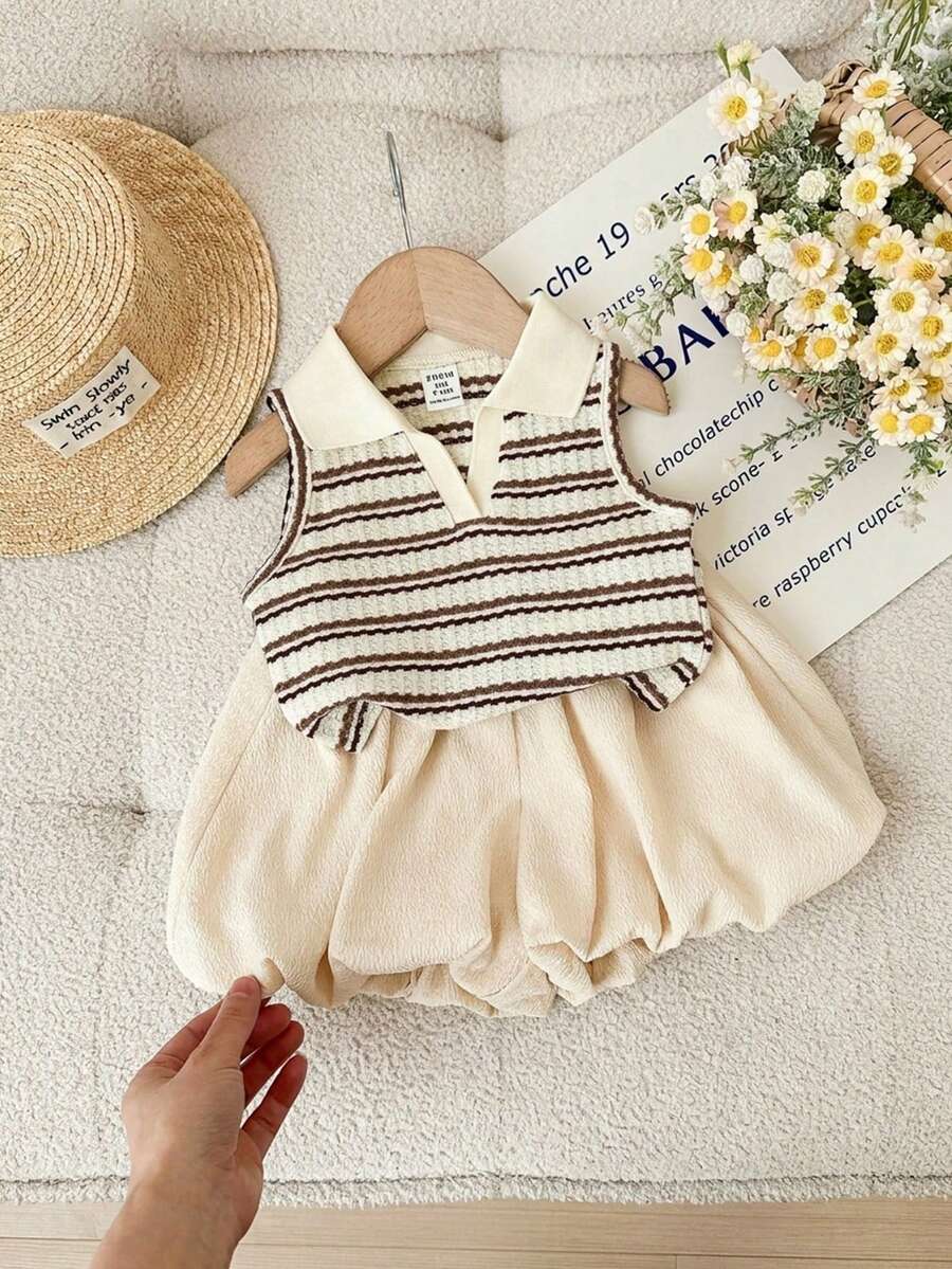 SHEIN LMoss Kids 女婴可爱夏季条纹 Polo 领背心和松紧腰荷叶边短裤套装 - 棕色 - 查看 1