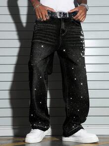 Manfinity EMRG Men's Rhinestone Print Wide Leg Jeans - Black - View 3