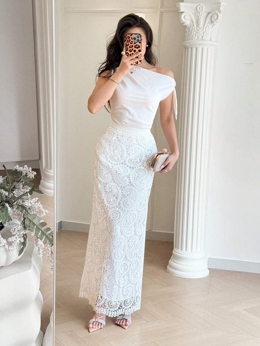 Veilorie 女士高腰直筒优雅腰果蕾丝裙 - 白色 - 查看 1
