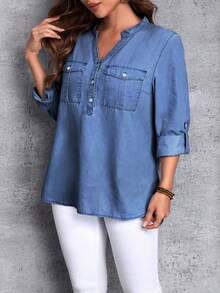 SHEIN Essnce 大码夏季休闲纽扣半开襟贴袋牛仔衬衫 - 藍色 - 查看 1