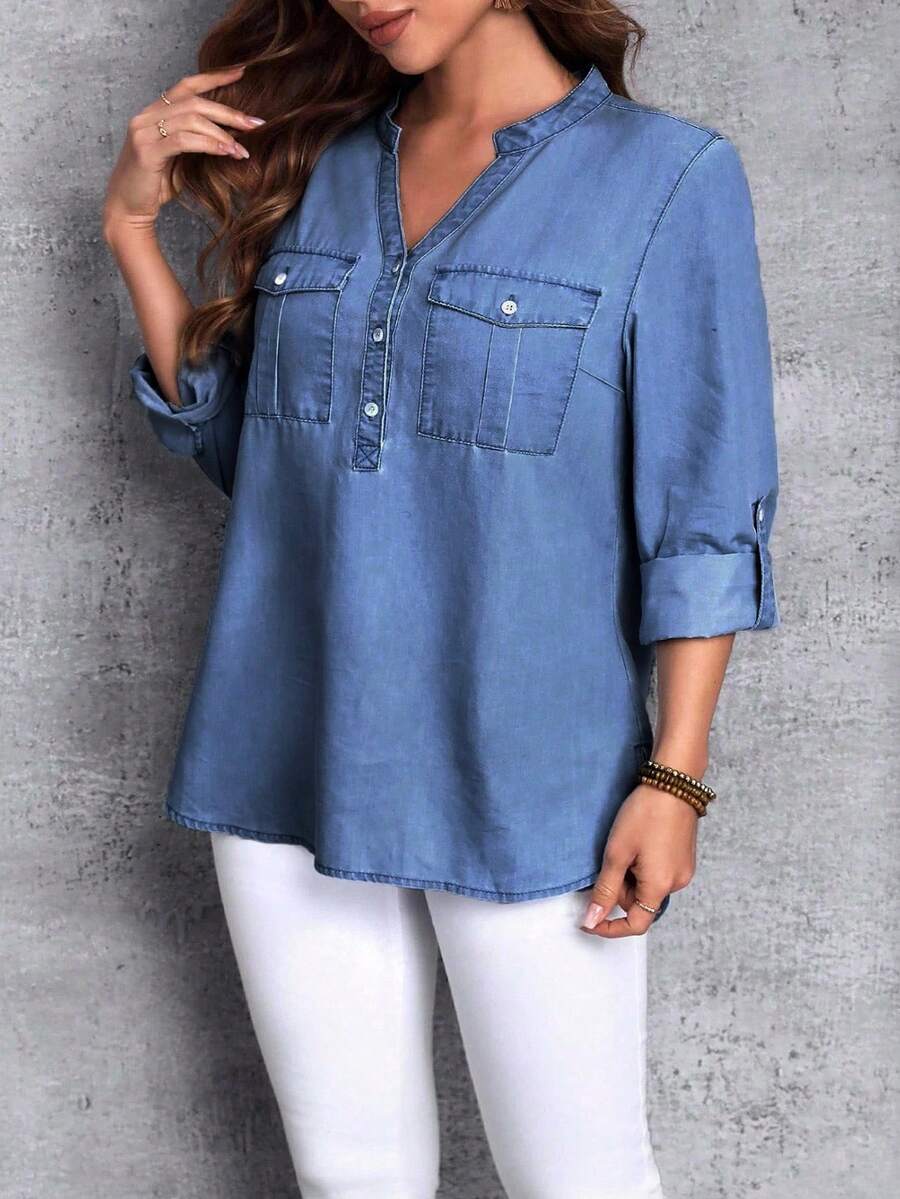 SHEIN Essnce 大码夏季休闲纽扣半开襟贴袋牛仔衬衫 - 藍色 - 查看 1