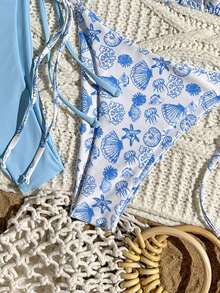Swim Mod Set Bikini Segitiga Tali Ikat Leher Halter 8 Potong untuk Wanita dari Springbreak, Baju Renang Minimalis Motif Bunga Kecil untuk Liburan Pantai - MultiWarna - View 4