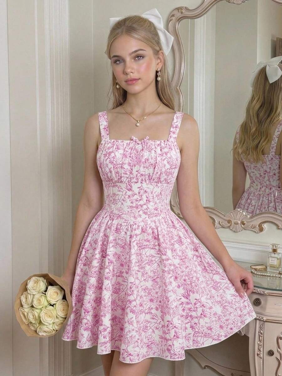 SHEIN Pitira Đầm ngắn hai dây họa tiết hoa nhí cho bé gái tuổi teen, kiểu dáng thường ngày, thích hợp cho kỳ nghỉ, lễ hội âm nhạc, tiệc tùng, trang phục đi biển. - Hồng - Xem 1