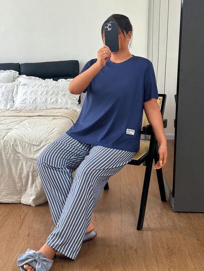 Napfluff Plus Size Solid Color Short Sleeve Top And Striped Print Pants Pajama Set