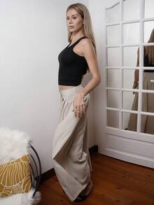 Cassandra Jullia Nuovi pantaloni larghi casual ed eleganti da donna con design floreale e fibbia, pantaloni lunghi in lino di colore cachi, adatti per il Ringraziamento, Ognissanti, primavera/estate - Albicocca - Visualizzare 4