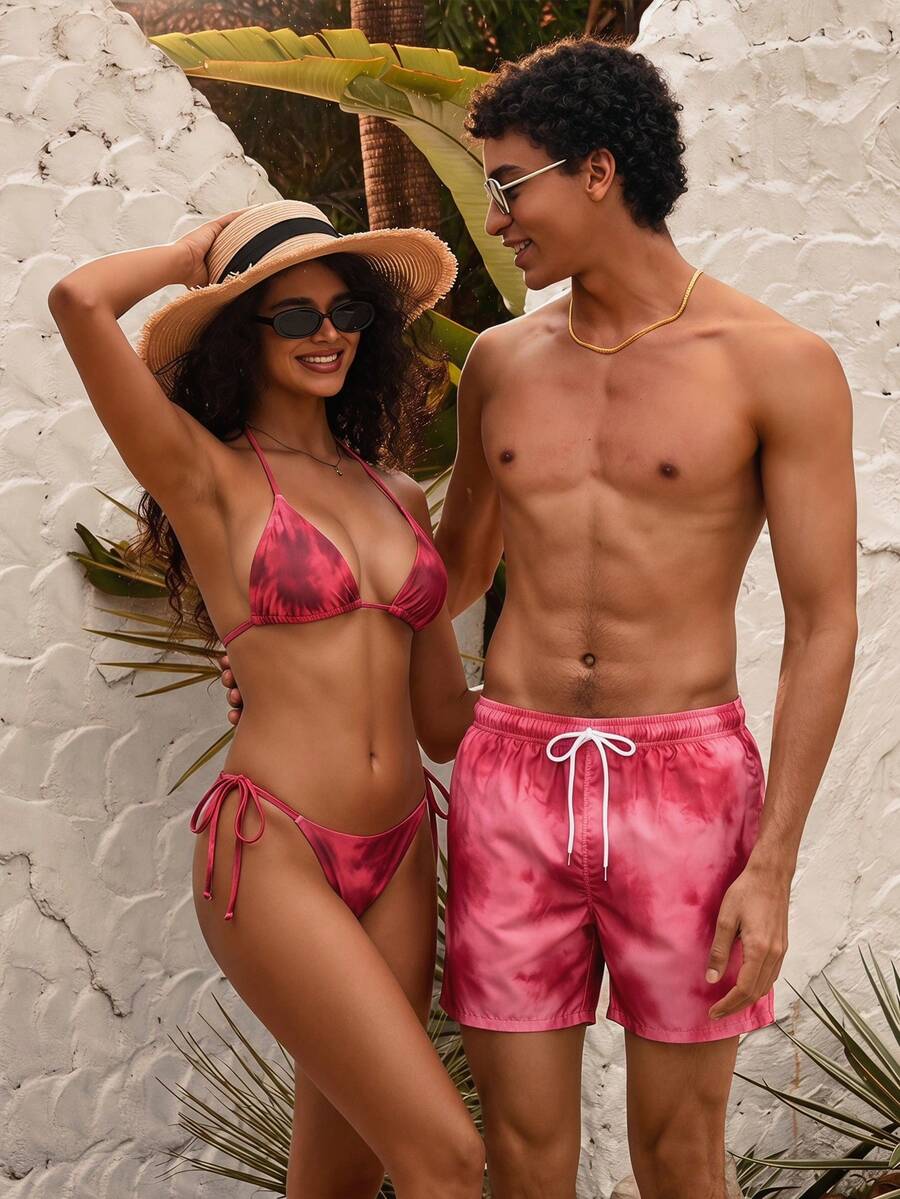 Manfinity Swimmode 夏季假期男士淺粉色印花沙灘短褲,休閒度假夏威夷熱帶泳褲,適合女性情侶泳池度假 - 紅色 - 查看 1