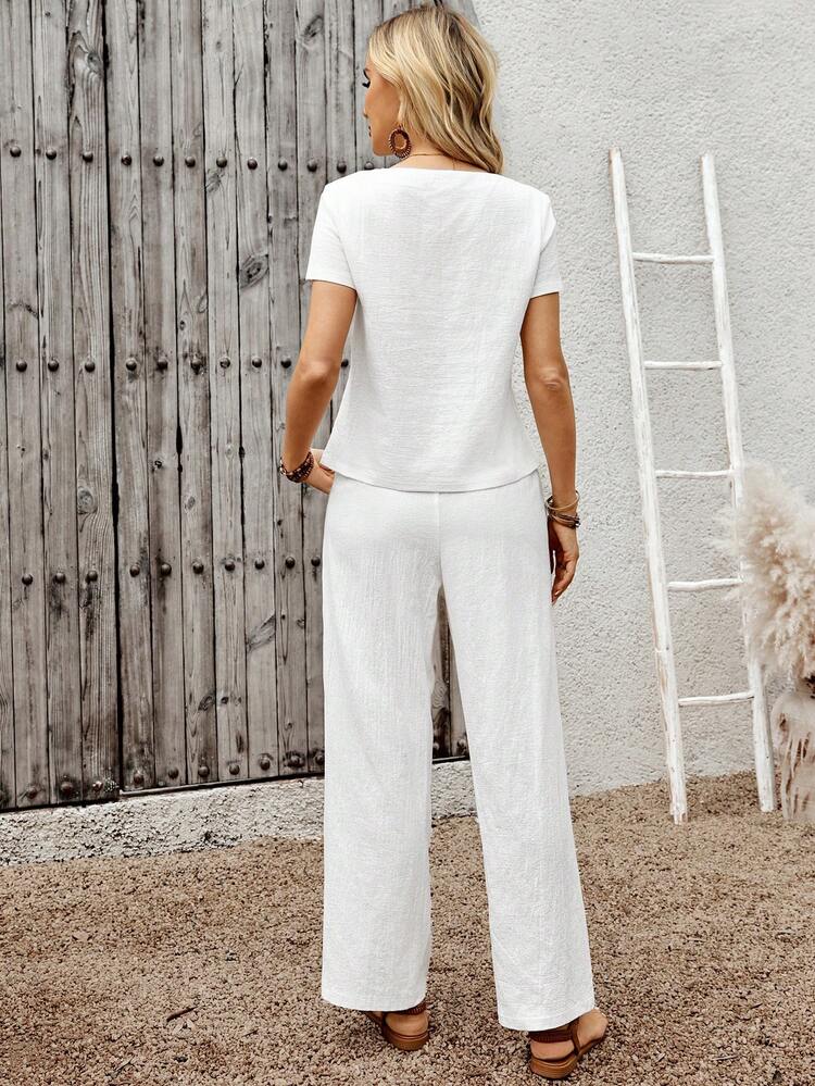 Women's Solid Color Round Neck Short Sleeve Top And Pants Casual 2 Pieces Set