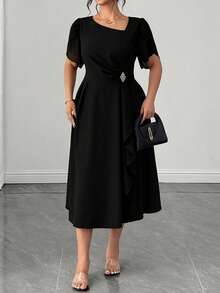 Celure Plus Size Women's Elegant Chic Solid Color Asymmetric Neck Rhinestone Decor Waist Cinched Dress, Summer Wedding Dinner Evening Black - Black - View 4