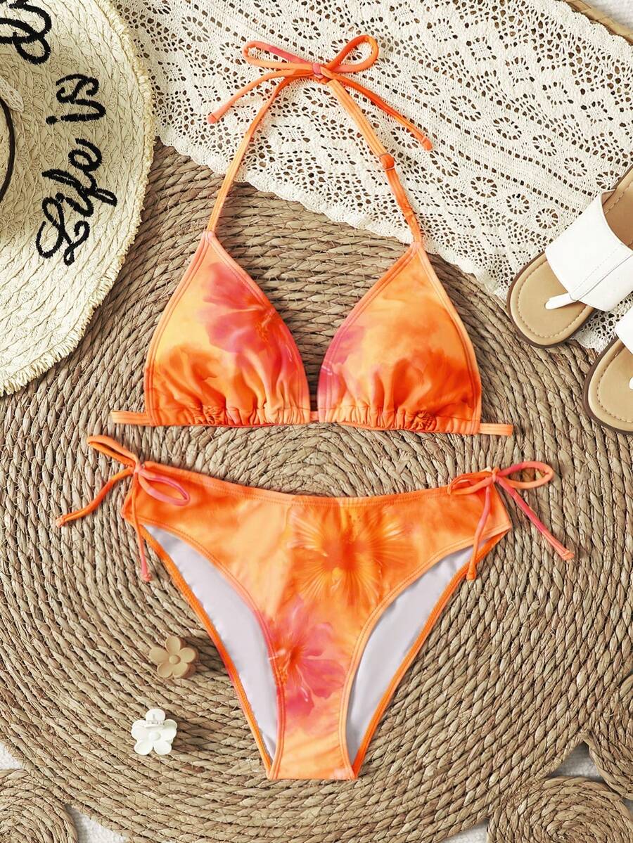 SHEIN Teen Girls' Orange Floral Spaghetti Strap Bikini 2 Pieces Swimwear Set, For Beach Vacation, Spring/Summer - Burnt Orange - View 1