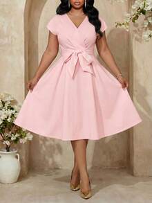 Fleurora New Plus Size Belt Summer Autumn Winter Bow Waist Design Niche Chic Ladies Dress White Dress Plus Size Dress Vacation Outfits - Pink - View 4