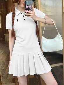 SHEIN 少女白色Polo领刺绣褶裥下摆休闲连衣裙/校服 - 白色 - 查看 5