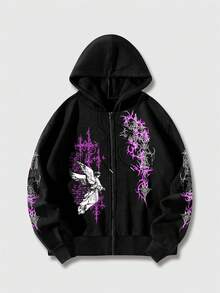 ROMWE MEN Goth 男士连帽长袖抽绳时尚印花拉链卫衣 - 黑色 - 查看 3