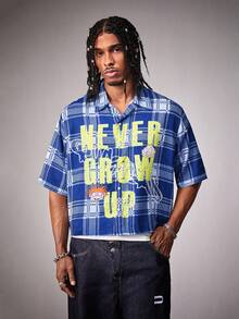 Nick 90s | SHEIN Men's Slogan Plaid Short Sleeve Casual Shirt, Nick 90s - Blue - View 5