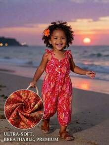 SHEIN Playful Pals 女嬰夏季無袖連身褲 紅色波點波希米亞風 度假節日花卉印花 蝴蝶結肩帶 鈕扣設計 寬鬆版型 束口褲腳 休閒套裝 - 紅色 - 查看 7