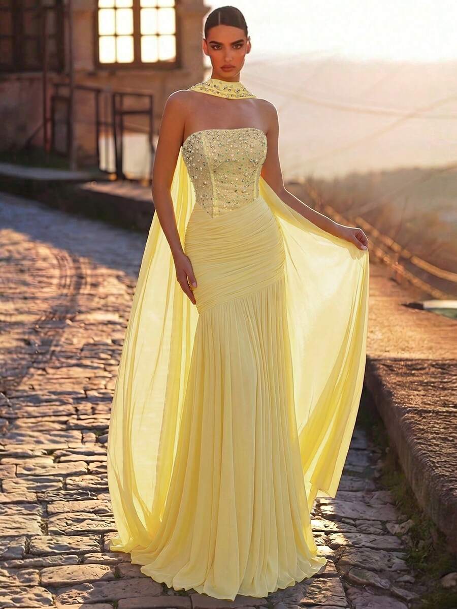 Aureia Elegant Luxurious Sequin Diamond Strapless Mermaid Patchwork Elastic Knit Maxi Dress For Weddings,Events,Parties,Vacations,Galas,Formal Occasions - Light Yellow - View 1