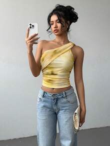 Aloruh Áo croptop nữ kiểu dáng thanh lịch, gợi cảm, in họa tiết tie-dye, chất liệu lưới, ôm sát, xếp ly, thắt nơ phía trước, phong cách Y2K. - Màu vàng - Xem 1