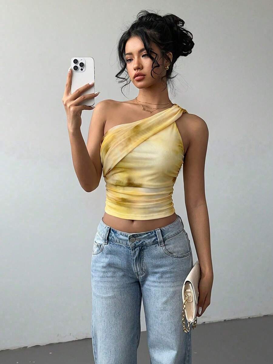 Aloruh Áo croptop nữ kiểu dáng thanh lịch, gợi cảm, in họa tiết tie-dye, chất liệu lưới, ôm sát, xếp ly, thắt nơ phía trước, phong cách Y2K. - Màu vàng - Xem 1