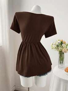 Sweetra Áo thun babydoll dáng suông màu trơn cổ khoét lỗ phía trước dành cho nữ, thích hợp mặc hàng ngày đi làm, mùa hè. - Màu nâu Sô-cô-la - Xem 2