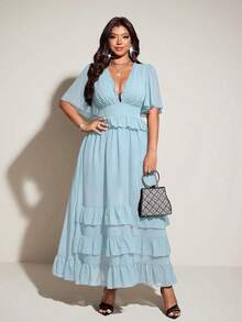 Viva Relle Spring, Summer, Fall New Vacation Elegant Chiffon Design V-Neck Ruffle Sleeve Irregular Hem Dress, Waist Cinched Flared Skirt Princess Sundress - Blue - View 3