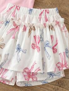 SHEIN 2pcs/Set Young Girl Light Pink Knitted Heart & Bow Camisole Top And Colorful Bow Print Shorts,Summer Outfits Birthday Vacation Holiday Set For Girl - Multicolor - View 4
