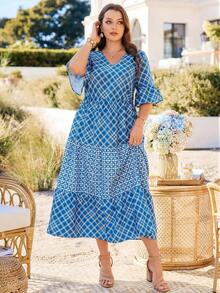 Rosumi Plus Size V-Neck Argyle Print Ruffle Hem Short Sleeve Dress - Baby Blue - View 3