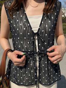 FRIFUL Áo khoác vest không tay dáng rộng, cổ chữ V, chất liệu có họa tiết dành cho nữ. - Đen và trắng - Xem 5