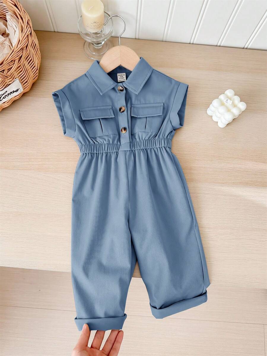 SHEIN LMoss Kids Bộ áo liền quần ngắn tay cổ bẻ dễ thương mùa hè cho bé gái - Màu xanh bụi bặm - Xem 1