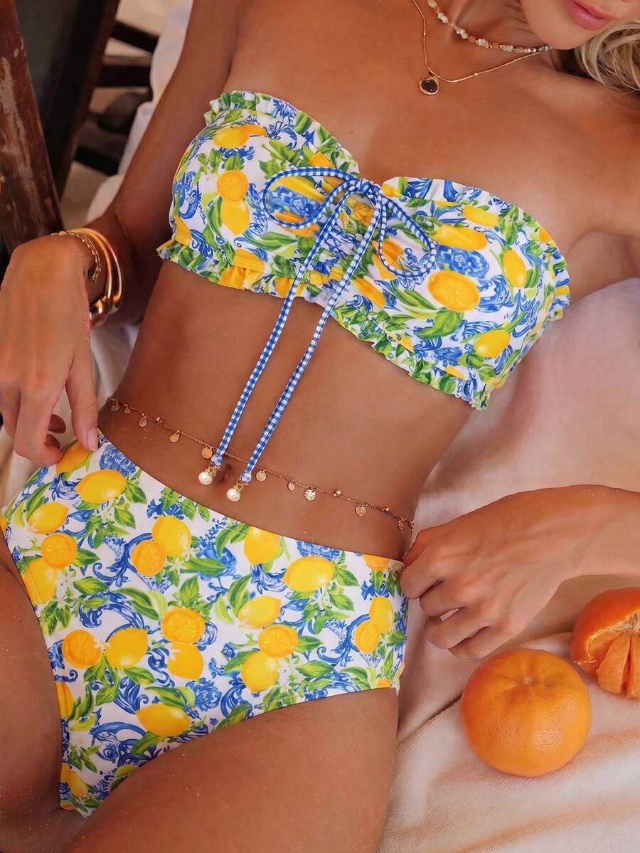 SHEIN Swim 女士夏季沙滩度假新款可爱无肩带碎花荷叶边甜美小碎花搭配精致珍珠吊坠抽绳比基尼套装 - 彩色 - 查看 1