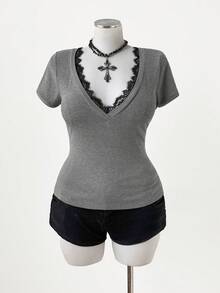 Sunspun Nueva Dulce Vacación, Blusas Elegantes para Salir, Lazo, Blusa de Tela de Punto con Ribete de Encaje Cuello en V Manga Corta, Blusa de Encaje Casual Versátil para Mujeres - Gris - Ver 3