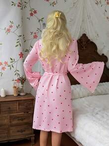 CottageSlumber Áo choàng tắm ren phối họa tiết trái tim đỏ, đồ ngủ dài tay dễ thương in họa tiết dành cho nữ, thích hợp cho mùa xuân và mùa thu. - Hồng - Xem 2