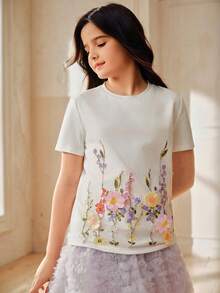 Anewsta Camiseta de manga corta con bordado y cuentas para niñas, camiseta gráfica, top brillante, adecuado para combinar con pantalones cortos y faldas casuales para el verano - Blanco - Ver 4