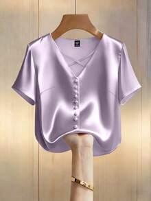 GlowEve CURVE Áo sơ mi tay ngắn dáng suông, chất liệu satin lụa bóng, bóng mượt, cỡ lớn, đính ngọc trai, thích hợp mặc đi làm, hẹn hò. - Màu Lilac Tím - Xem 1