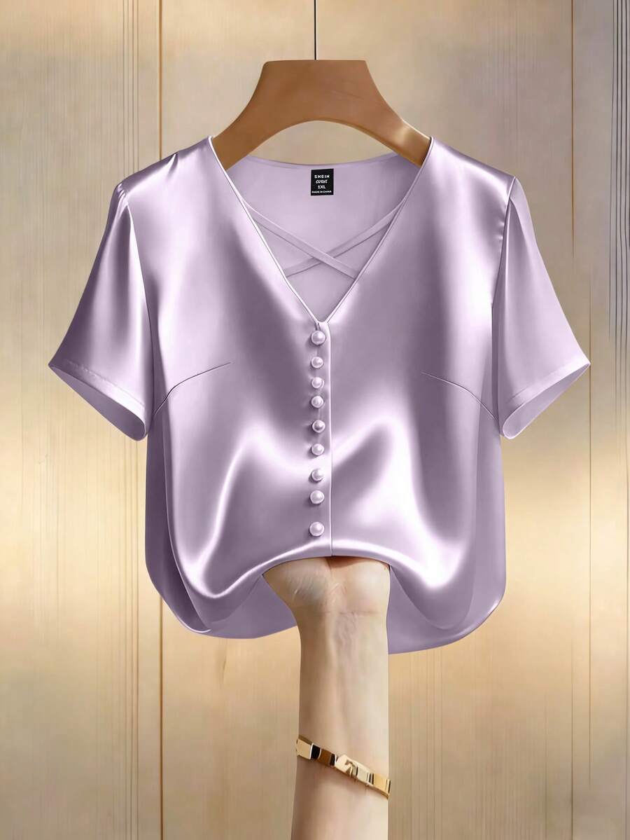 GlowEve CURVE Áo sơ mi tay ngắn dáng suông, chất liệu satin lụa bóng, bóng mượt, cỡ lớn, đính ngọc trai, thích hợp mặc đi làm, hẹn hò. - Màu Lilac Tím - Xem 1