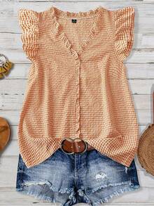 SHEIN LUNE CURVE Plus Size Women's Classic Plaid Textured V-Neck Ruffle Trim Petal Sleeve Fitted Casual Regular Blouse - Orange - View 6