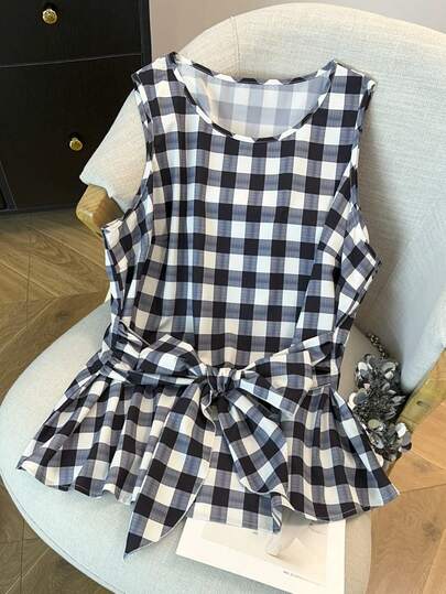 GlowEve CURVE Plus Size Women's Casual Plaid Tie-Waist Round Neck Top, Summer Leisure Blouse, Elegant Resort Wear