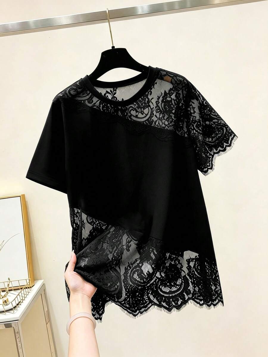 GlowEve CURVE Áo thun ngắn tay phối ren thời trang dành cho nữ cỡ lớn, thích hợp cho mùa hè. - màu đen - Xem 1