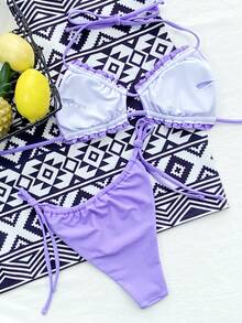 Swim Basics Summer Beach Frill Trim Ruched Halter Thong Bikini - Purple - View 3