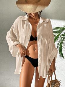 SHEIN Swim 女士纯色卷袖和服罩衫 - 杏色 - 查看 4