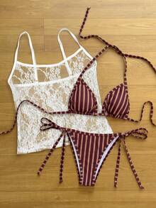 Elavelle Bộ 3 món bikini buộc cổ in họa tiết ngẫu nhiên dành cho nữ, thích hợp cho mùa xuân/hè. - Nhiều màu - Xem 2