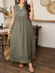 Lacomfia Vestido holgado de talla grande de primavera/verano con bordado minimalista y casual, sin mangas y calado - Verde - Ver 3